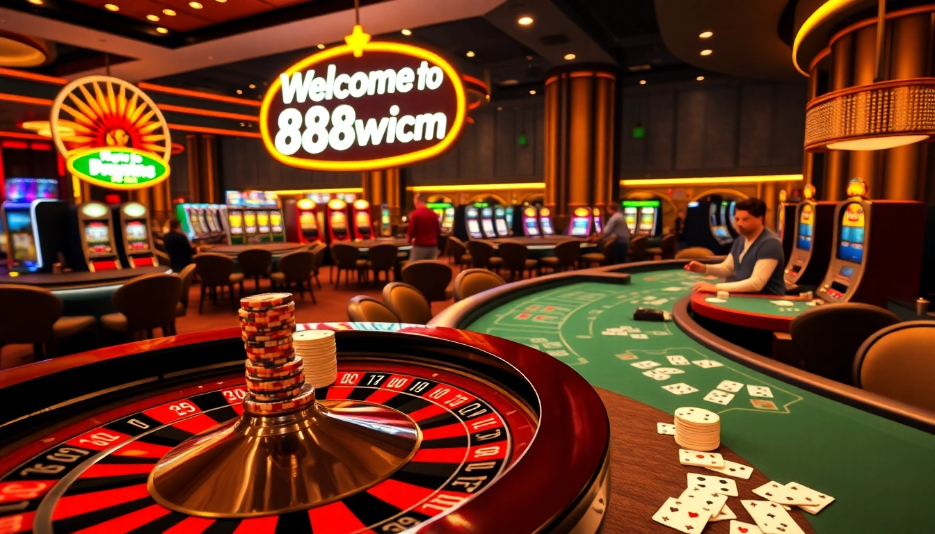 A thrilling gaming scene at 58win.com with players at poker tables and a vibrant roulette wheel.