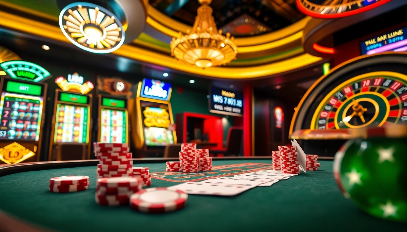 Experience thrilling gameplay at lu88 casino with vibrant slot machines and poker chips.