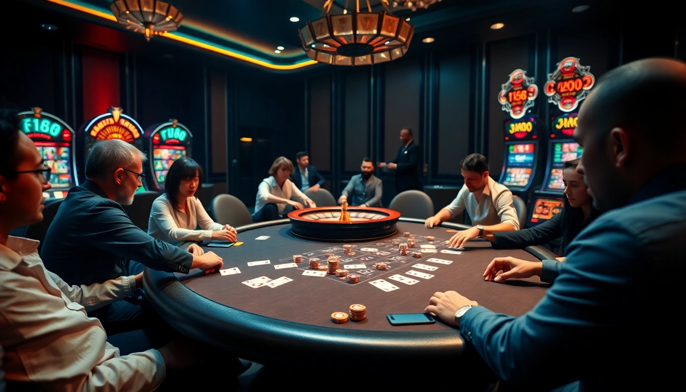 Experience the thrill of F168 with players at a high-stakes poker table in a luxurious casino setting.