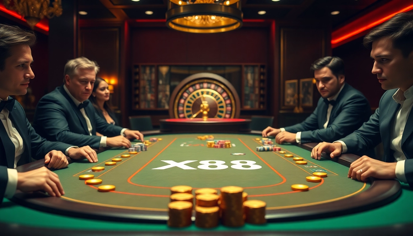 X88 gaming table in a luxurious casino setting with vibrant colors and focused players.