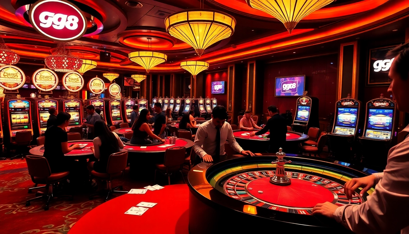 Players betting at a vibrant casino scene showcasing gg88 services with roulette and poker tables.