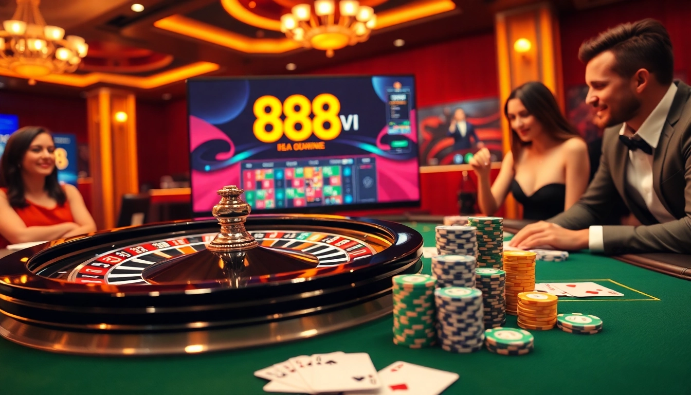 Players enjoying a thrilling online gambling experience featuring 888VI with roulette and casino elements.