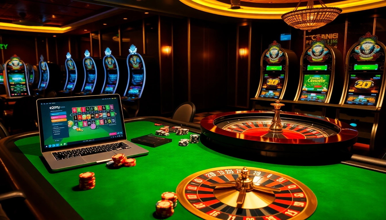 Exciting online casino gaming experience at e28 my with luxurious poker and roulette setup.