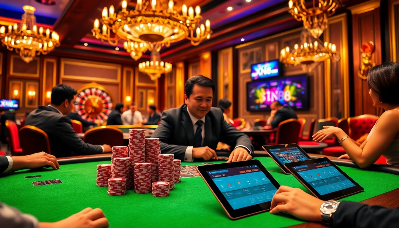 XN88 casino patrons enjoying poker with glossy chips and a roulette wheel in a luxurious setting.