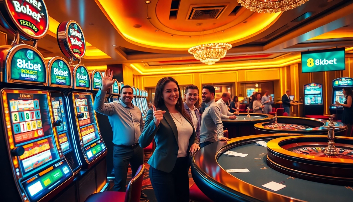 Players enjoying casino games at 8kbet's luxurious gaming tables with vibrant slot machines.