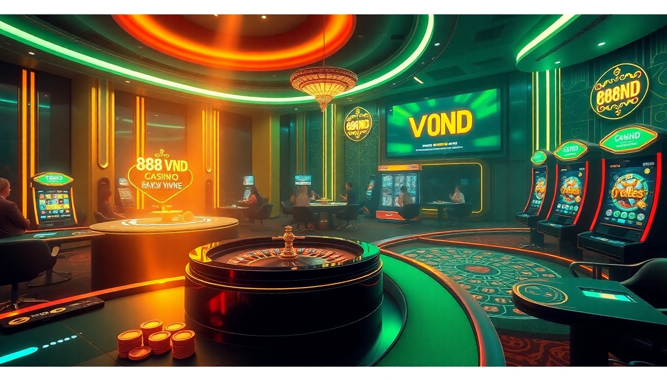 Enjoy thrilling gaming at 888VND's casino with dynamic tables, vibrant colors, and engaging atmosphere.