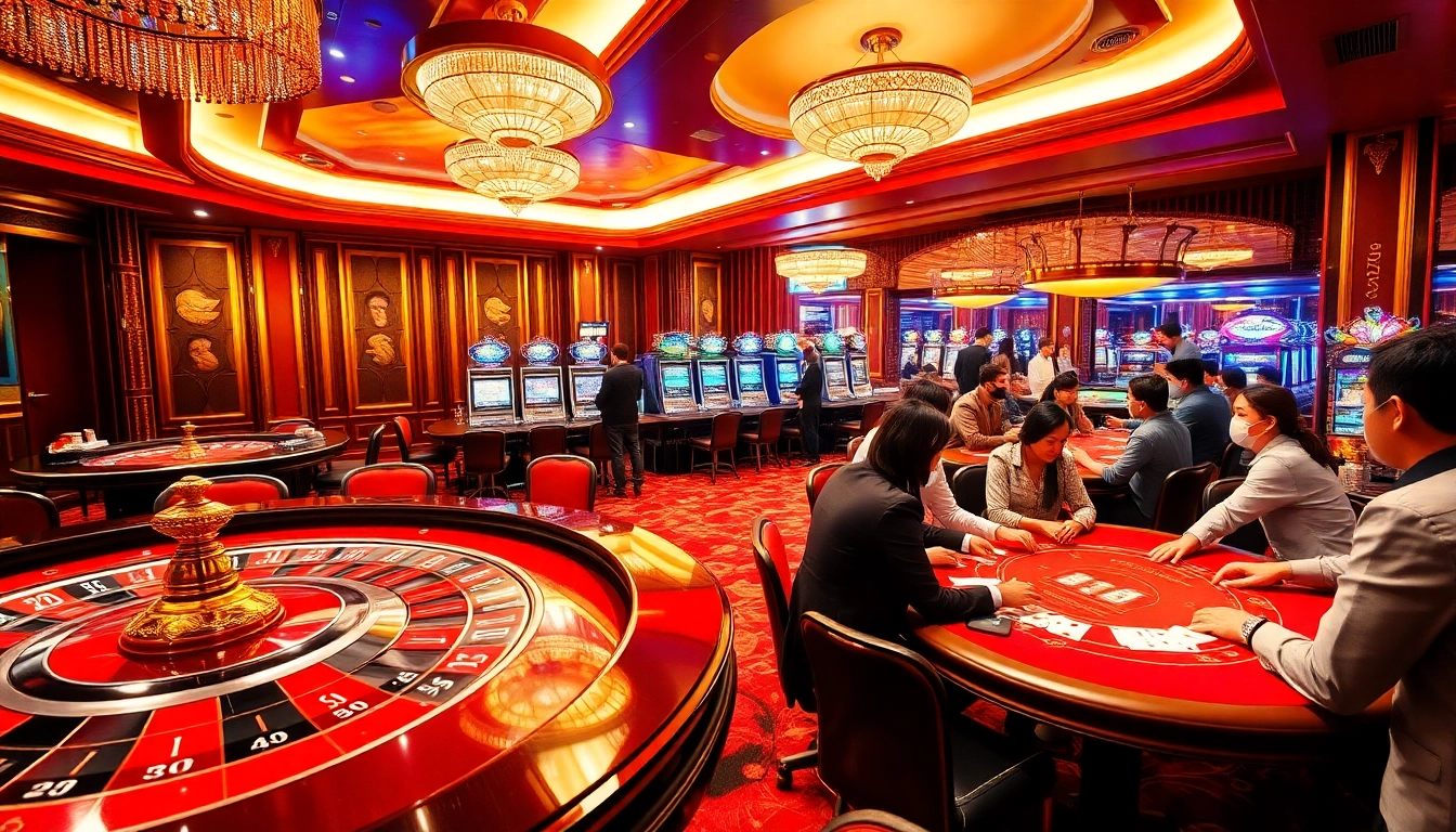 NK88 casino scene showcasing a thrilling poker game and luxurious roulette table, engaging players in a vibrant atmosphere.