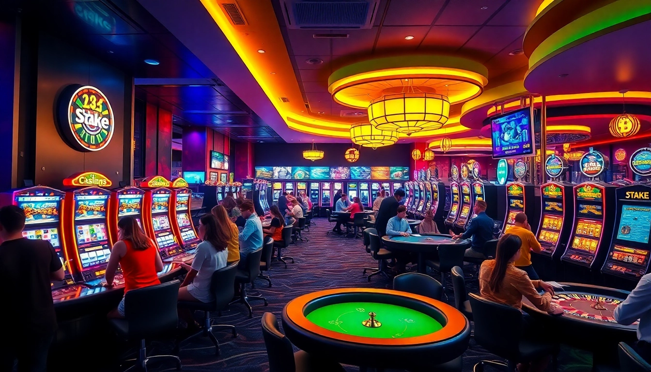 ויזואל מרתק של Stake Casino המדגים שחקנים נלהבים ליד שולחנות משחק ססגוניים, המדגיש את ההתרגשות מהימורי מטבעות קריפטוגרפיים.