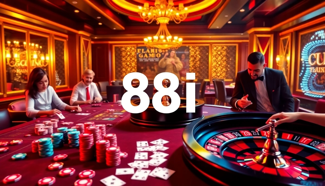 Experience the thrill of 88I casino with lively poker chips and a vibrant roulette wheel.