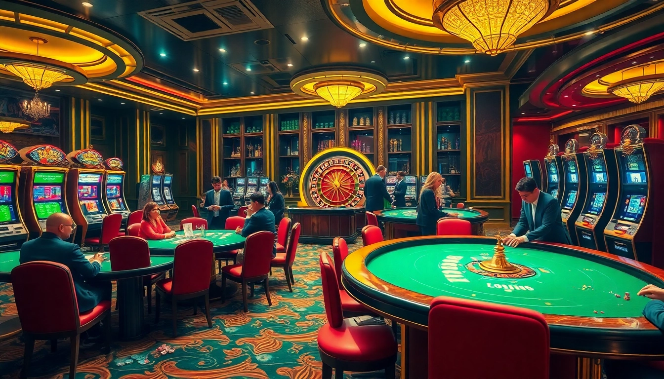Players enjoying a thrilling night at tr88.study's luxurious casino with vibrant tables and slot machines.