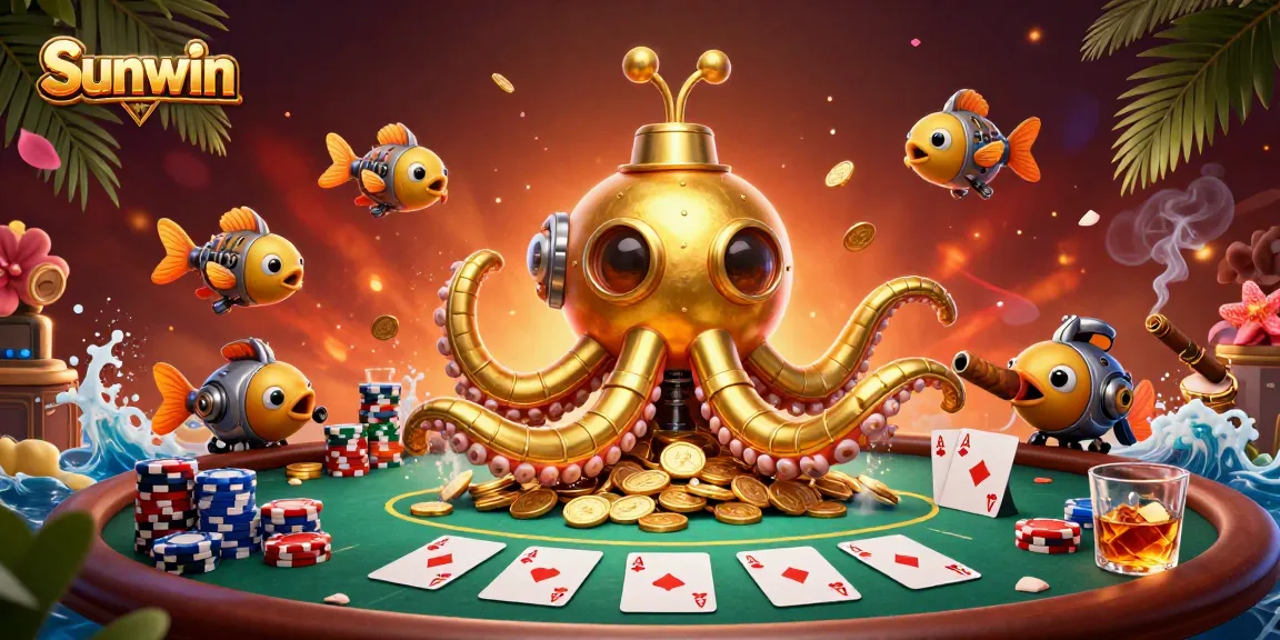 Experience the thrill of Sunwin casino with a golden kraken amid poker chips and cards.