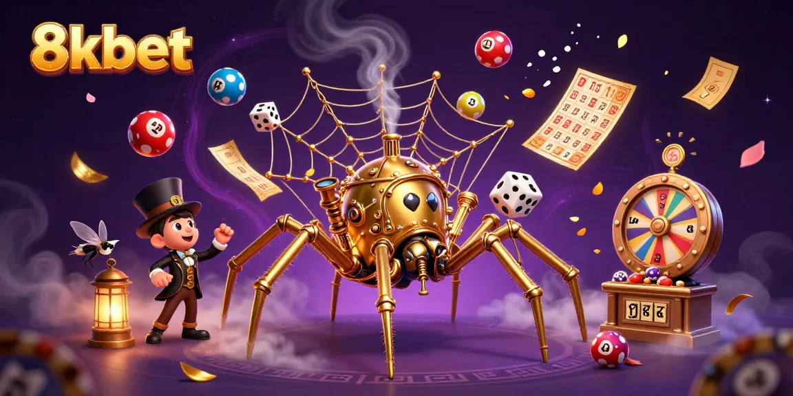 Experience thrilling moments with 8xbet as a steampunk spider traps dice while lottery balls bounce around.